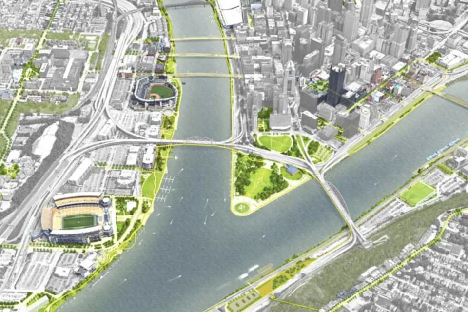 Rendering of Completing the Loop river plan for Pittsburgh, PA